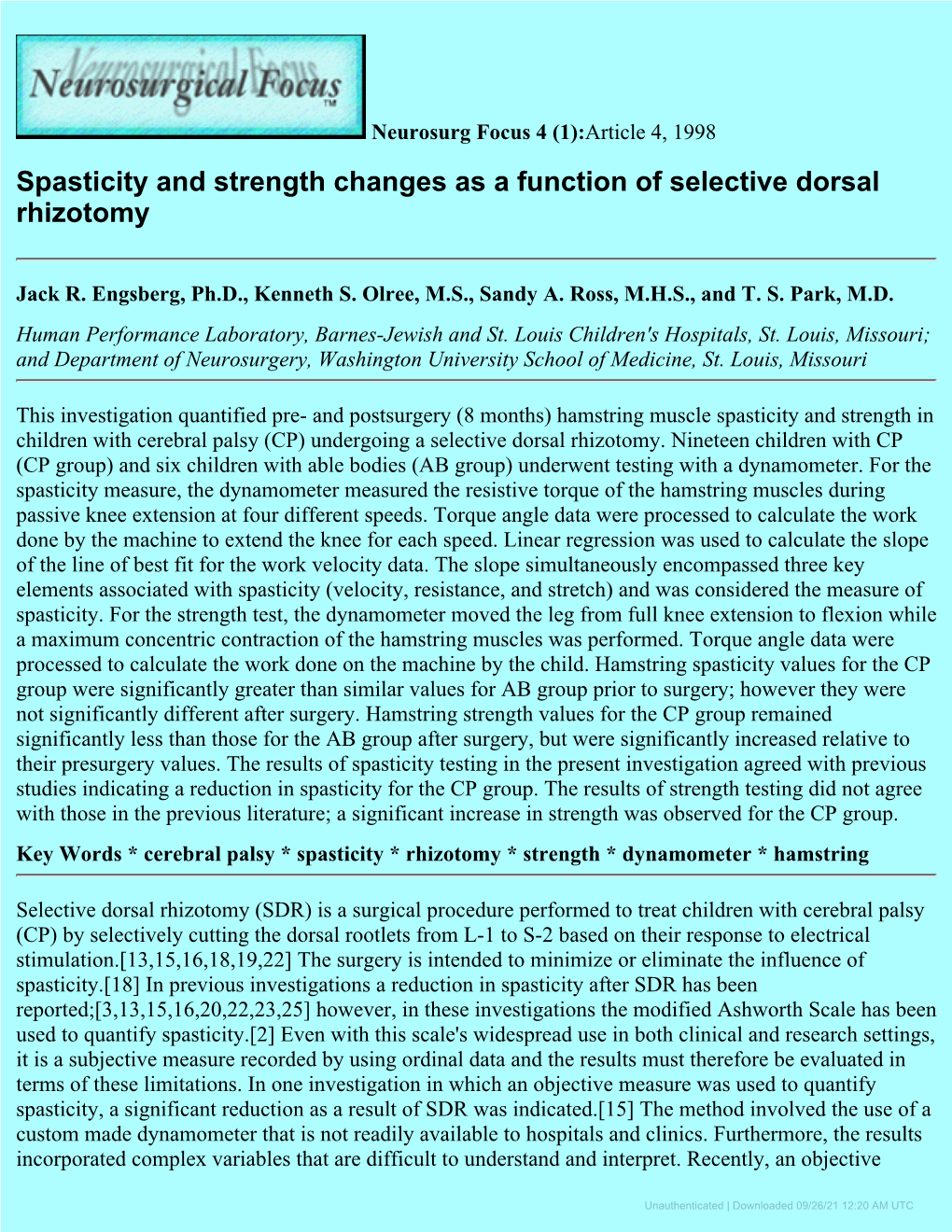 Spasticity and Strength Changes As a Function of Selective Dorsal Rhizotomy