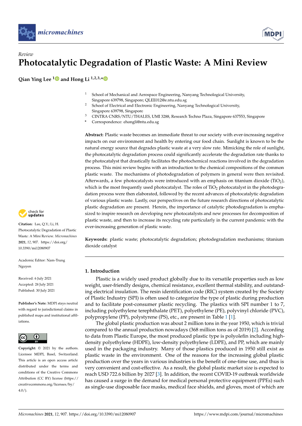 Photocatalytic Degradation of Plastic Waste: a Mini Review