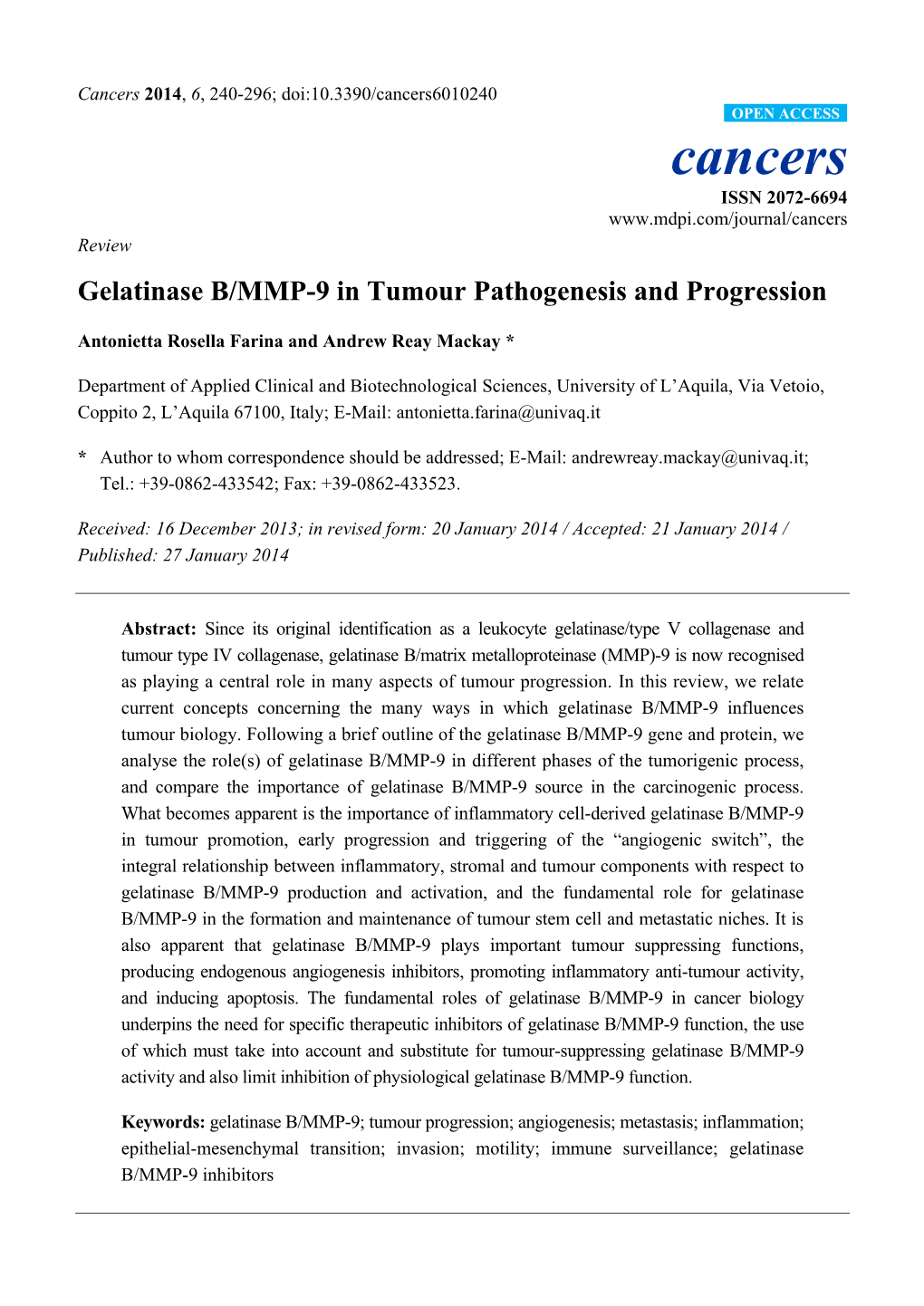 Gelatinase B/MMP-9 in Tumour Pathogenesis and Progression