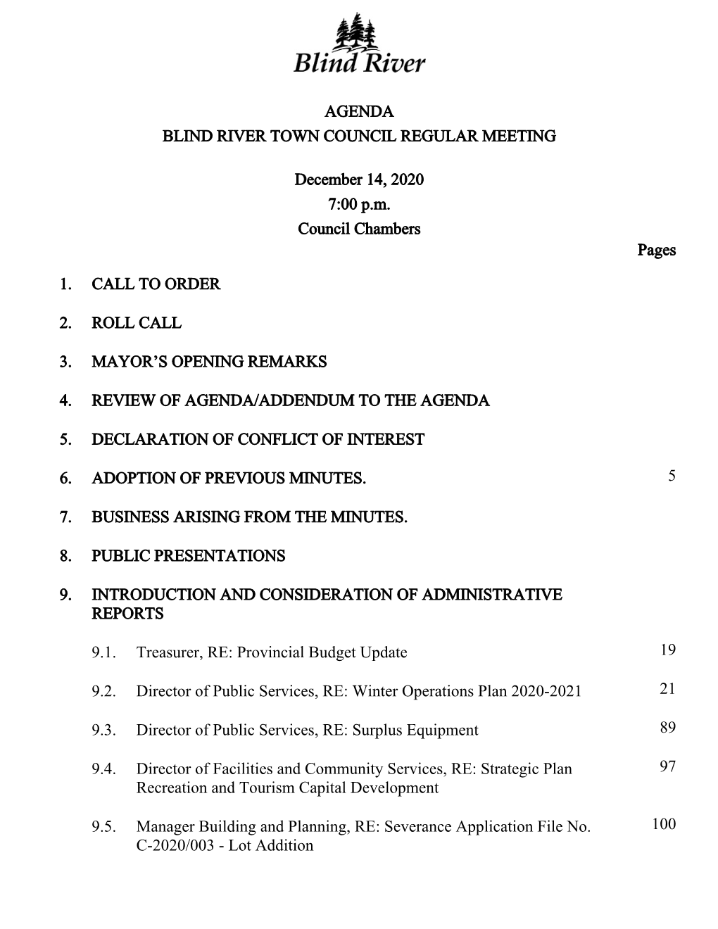 Agenda Blind River Town Council Regular Meeting