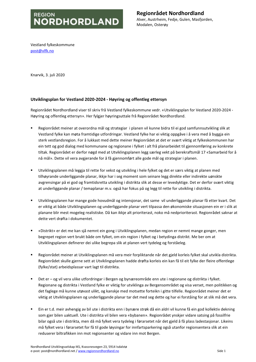 Utviklingsplan for Vestland 2020-2024 - Høyring Og Offentleg Ettersyn