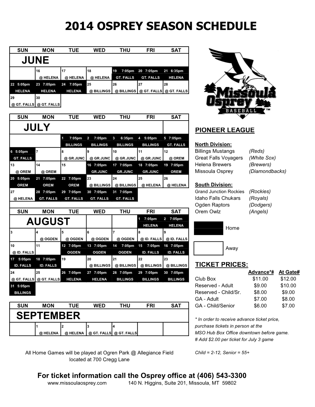 2014 Osprey Season Schedule