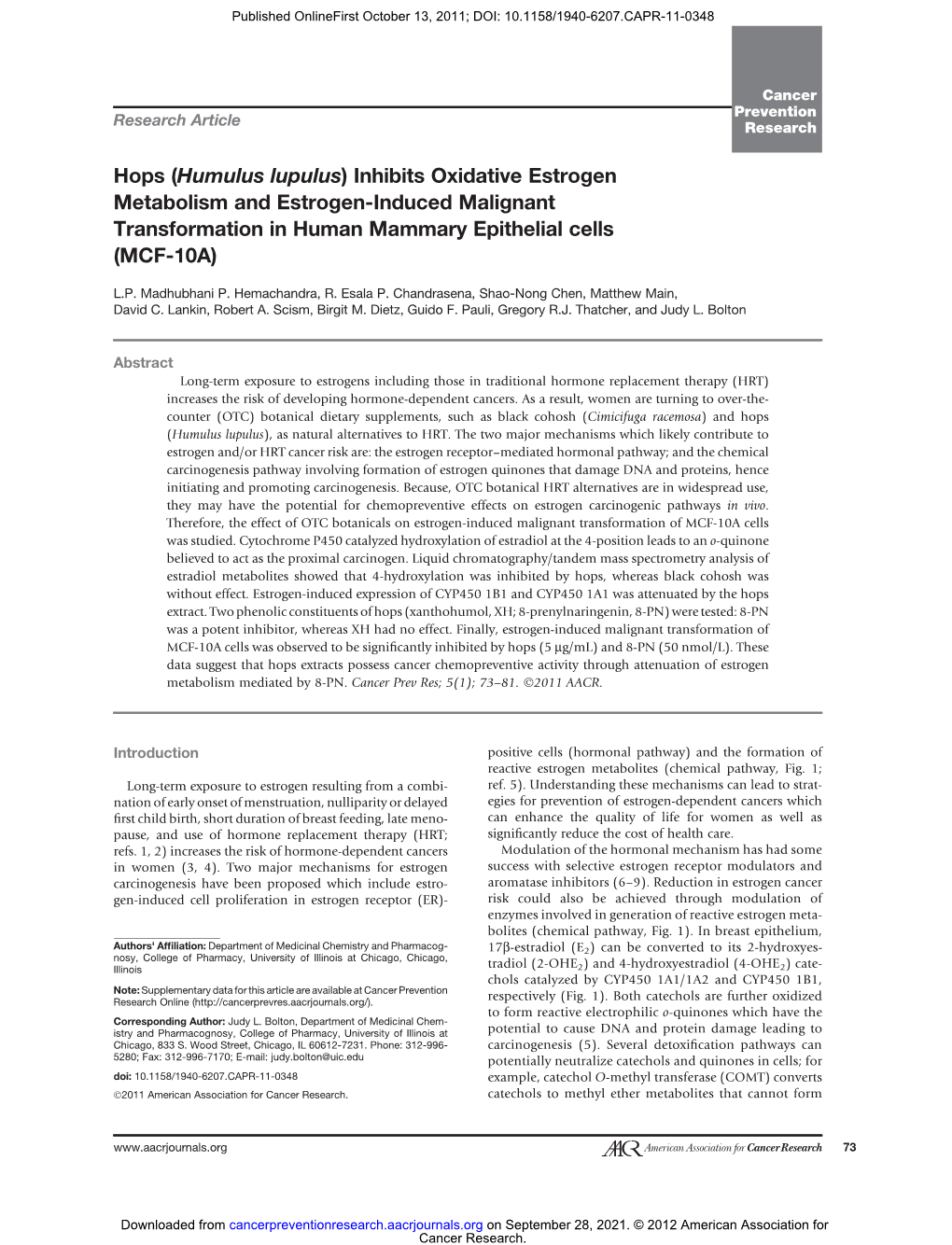 Hops (Humulus Lupulus) Inhibits Oxidative Estrogen Metabolism and Estrogen-Induced Malignant Transformation in Human Mammary Epithelial Cells (MCF-10A)