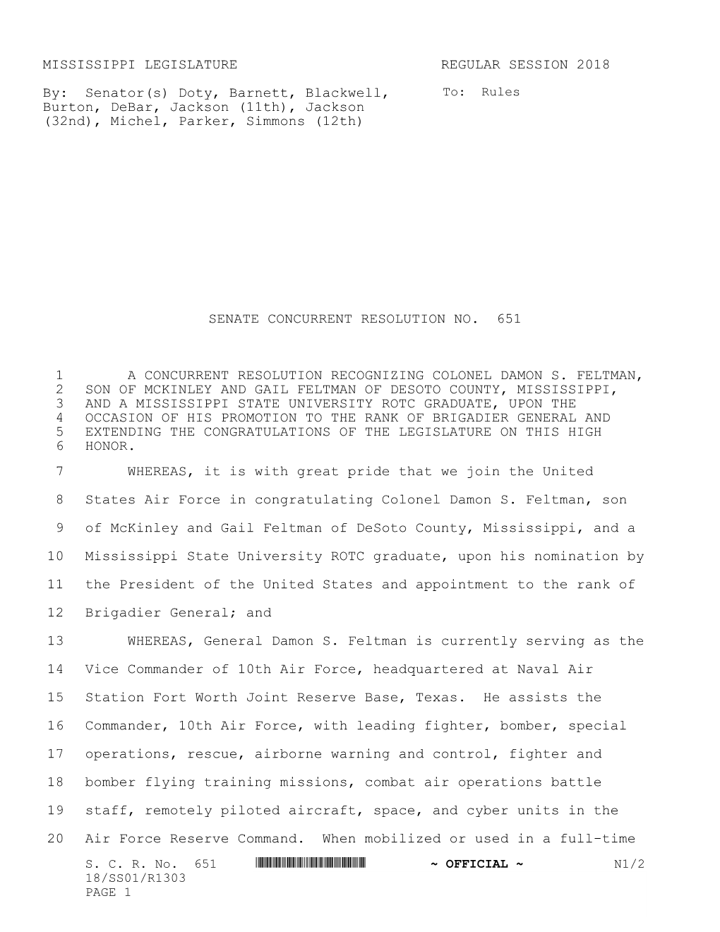 MISSISSIPPI LEGISLATURE REGULAR SESSION 2018 By