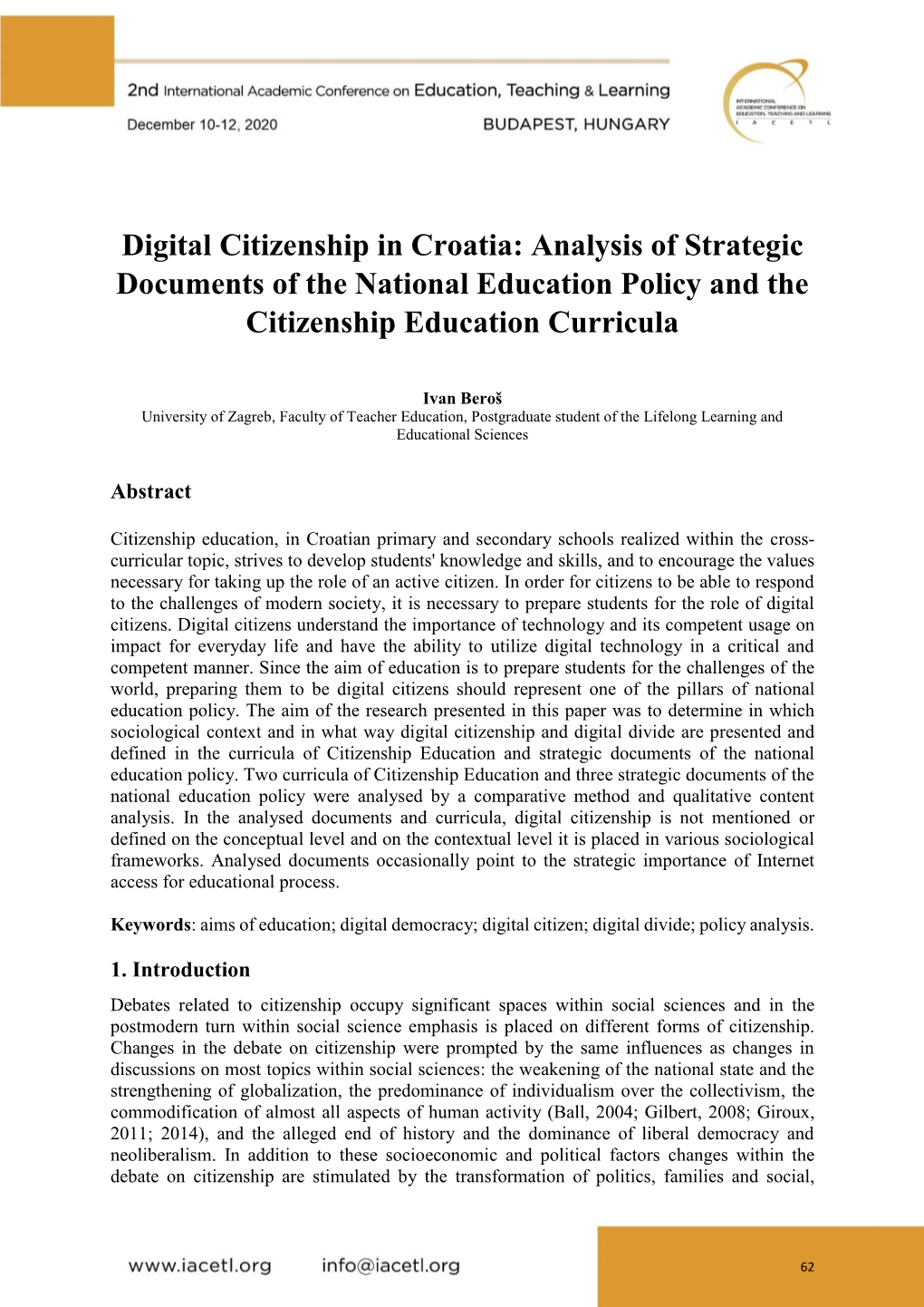 Digital Citizenship in Croatia: Analysis of Strategic Documents of the National Education Policy and the Citizenship Education Curricula