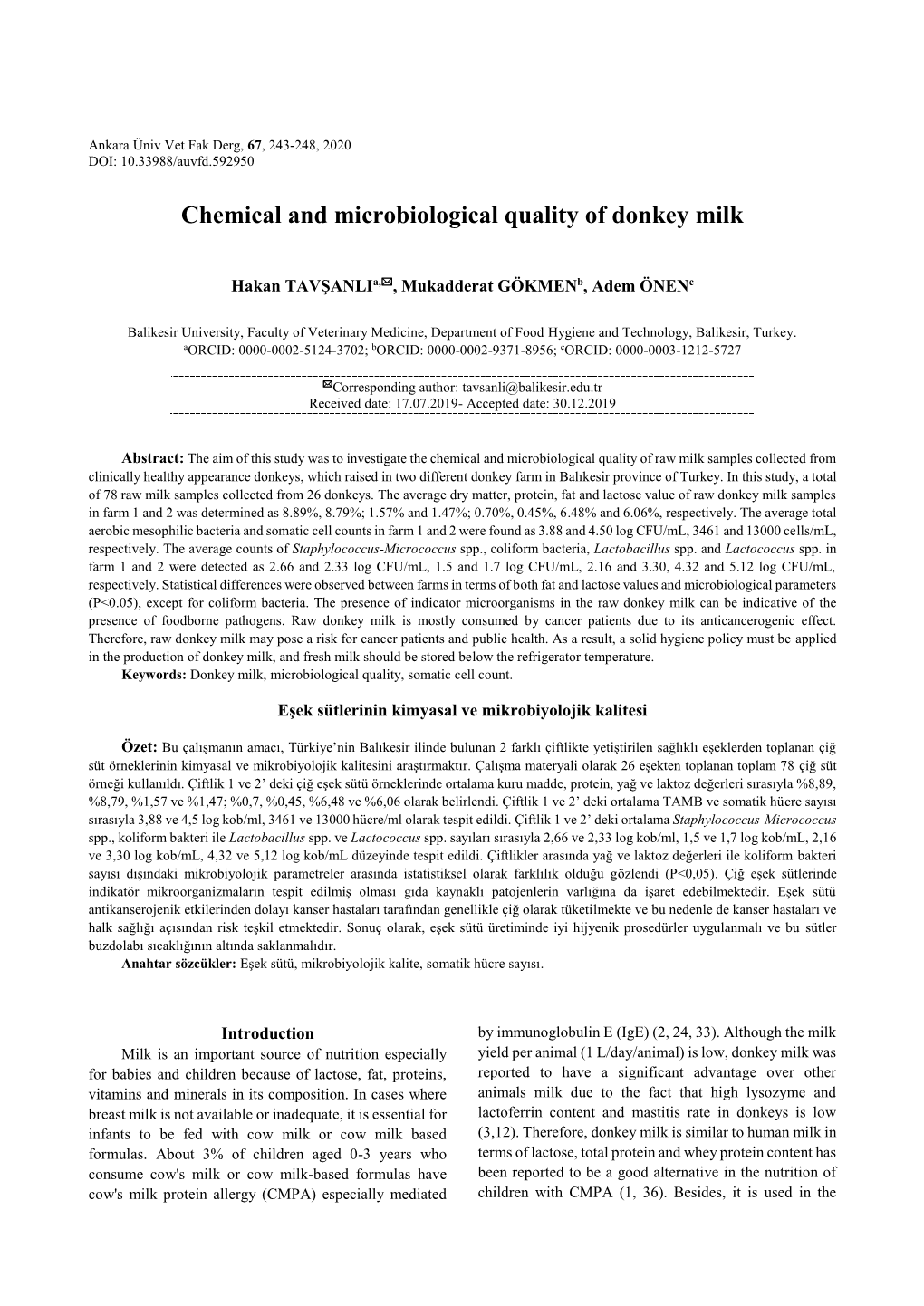 Chemical and Microbiological Quality of Donkey Milk