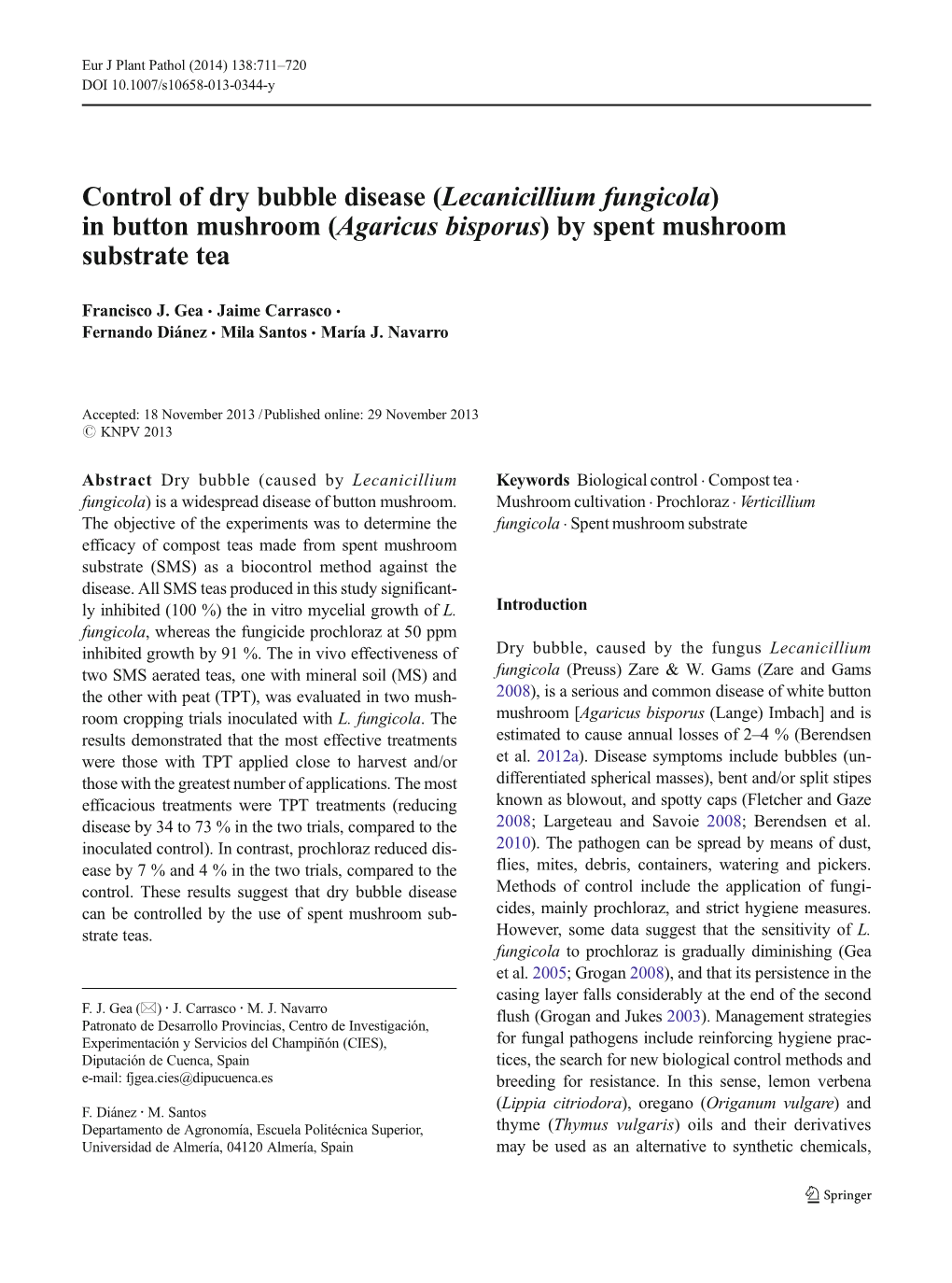 Control of Dry Bubble Disease (Lecanicillium Fungicola) in Button Mushroom (Agaricus Bisporus) by Spent Mushroom Substrate Tea
