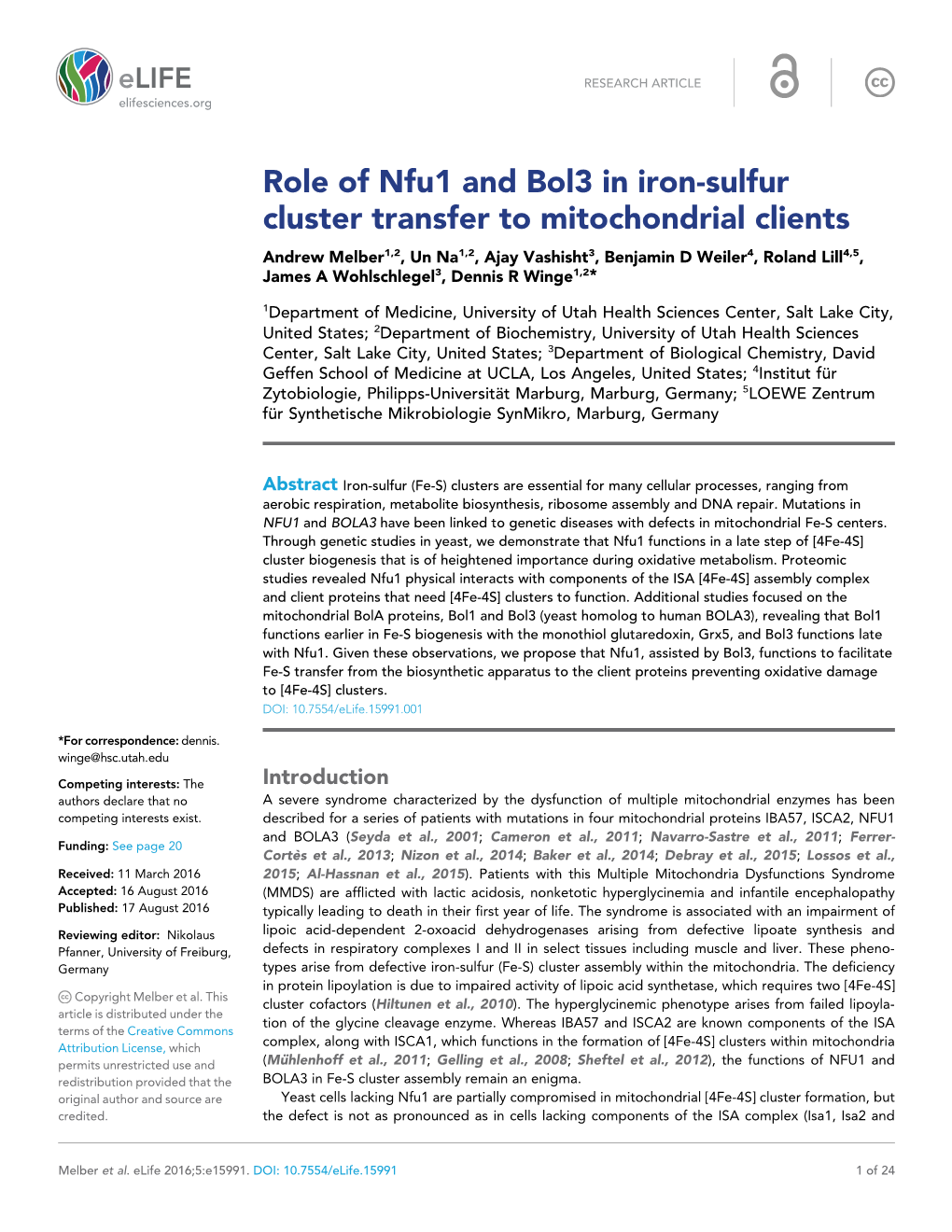 Role of Nfu1 and Bol3 in Iron-Sulfur Cluster Transfer to Mitochondrial Clients