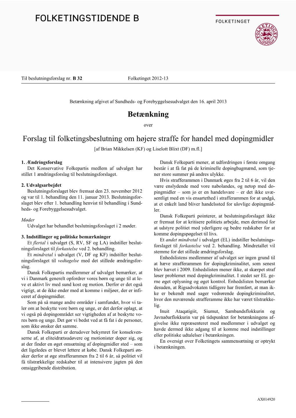 Betænkning Afgivet Af Sundheds- Og Forebyggelsesudvalget Den 16