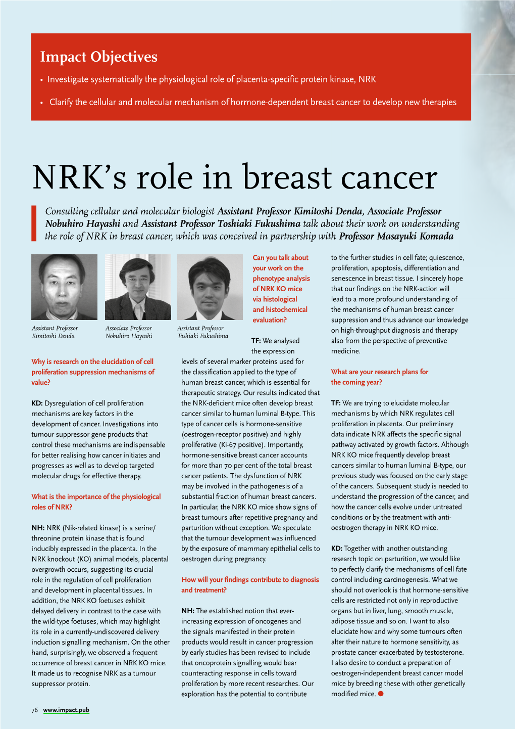 Understanding the Role of NRK in Breast Cancer, Which Was Conceived in Partnership with Professor Masayuki Komada