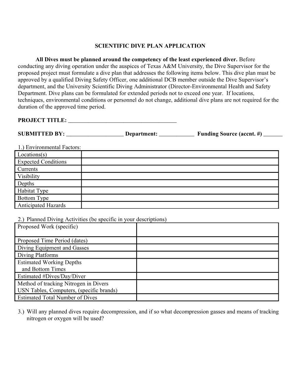 Scientific Dive Plan Application