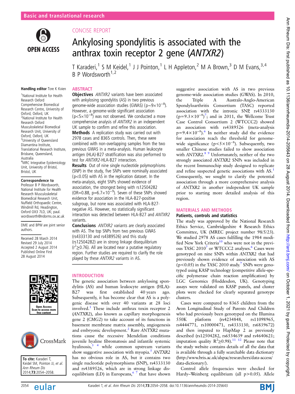 Ankylosing Spondylitis Is Associated with the Anthrax Toxin Receptor 2 Gene