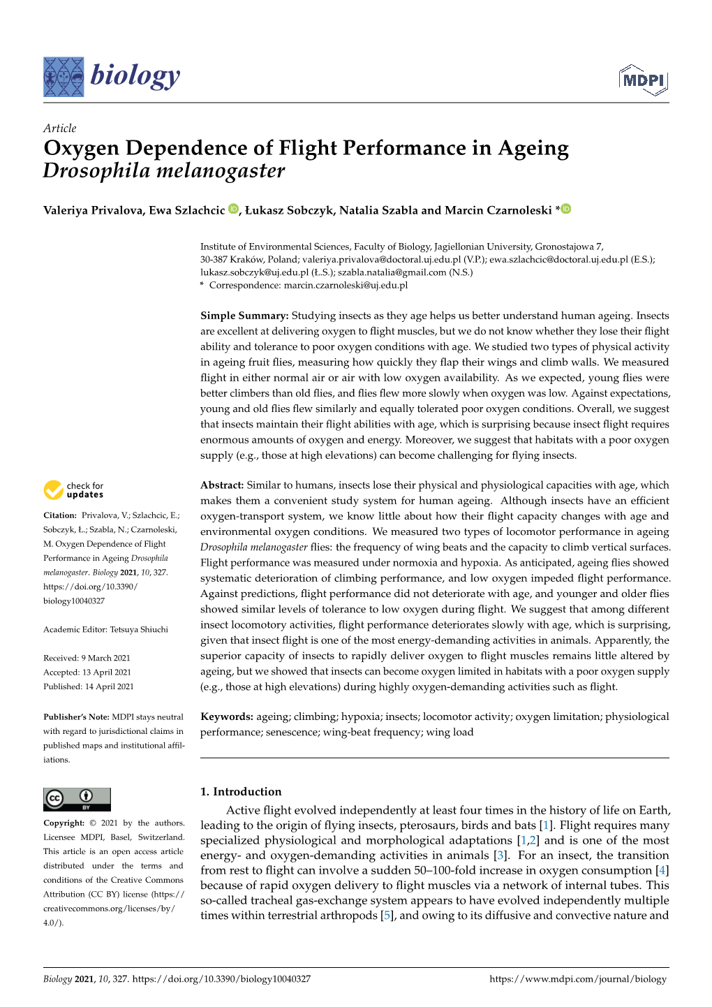 Oxygen Dependence of Flight Performance in Ageing Drosophila Melanogaster