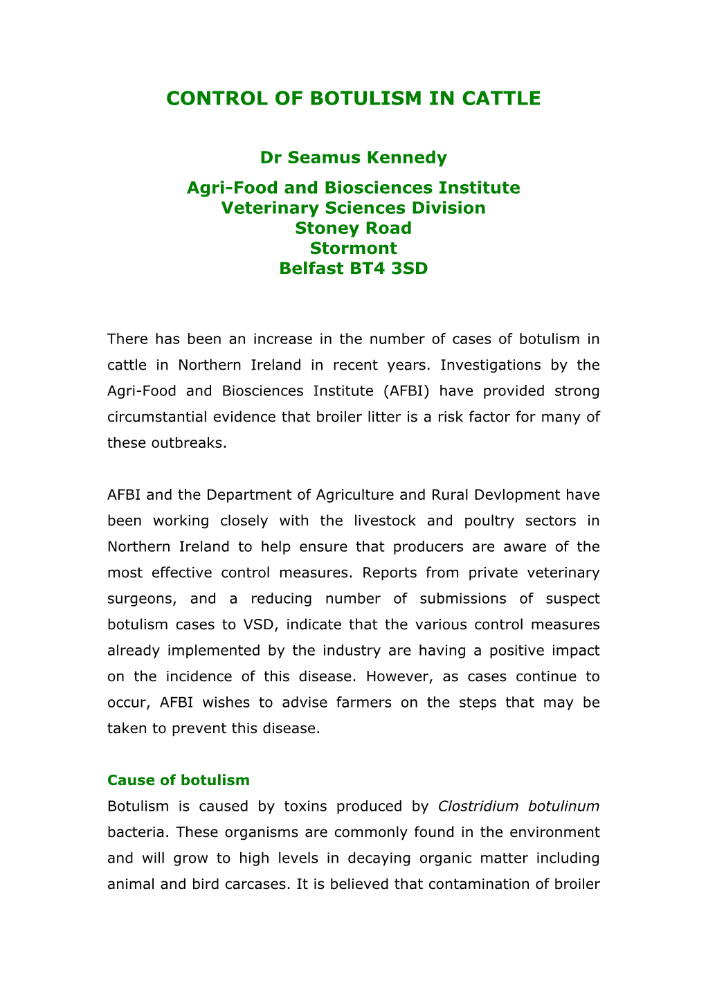 Control of Botulism in Cattle