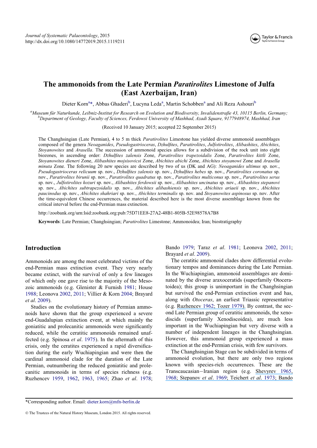 The Ammonoids from the Late Permian Paratirolites Limestone Of