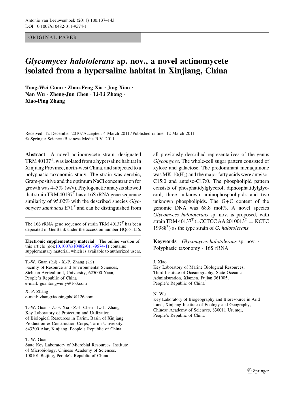 Glycomyces Halotolerans Sp. Nov., a Novel Actinomycete Isolated from a Hypersaline Habitat in Xinjiang, China