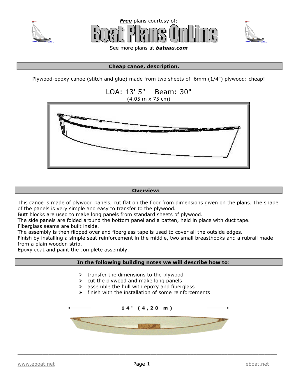 LOA: 13' 5" Beam: 30" (4,05 M X 75 Cm)