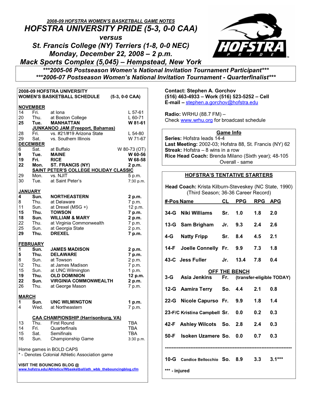 HOFSTRA UNIVERSITY PRIDE (5-3, 0-0 CAA) Versus St