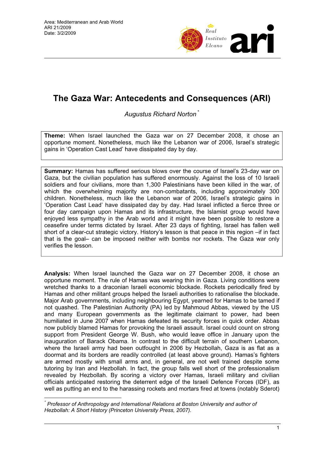 The Gaza War: Antecedents and Consequences (ARI)