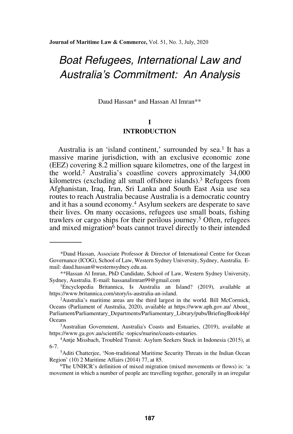 Boat Refugees, International Law and Australia's Commitment: an Analysis