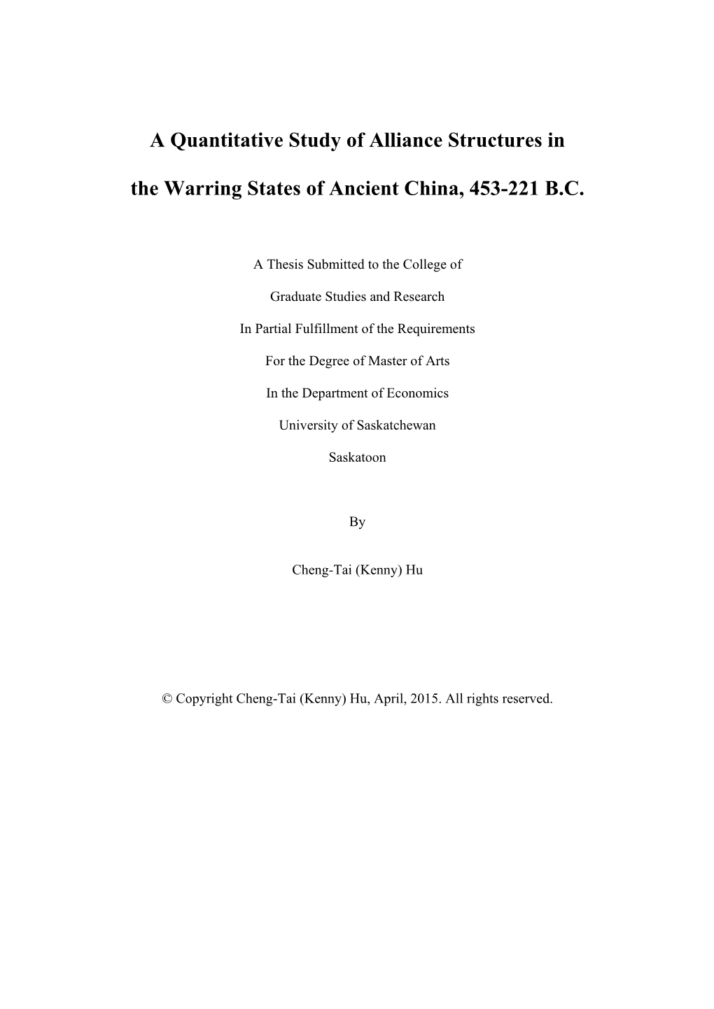 A Quantitative Study of Alliance Structures in the Warring States of Ancient China, 453-221 B.C