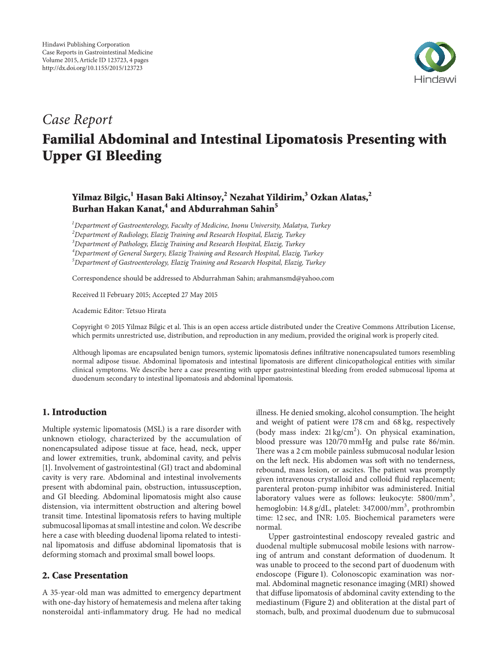 Case Report Familial Abdominal and Intestinal Lipomatosis Presenting with Upper GI Bleeding