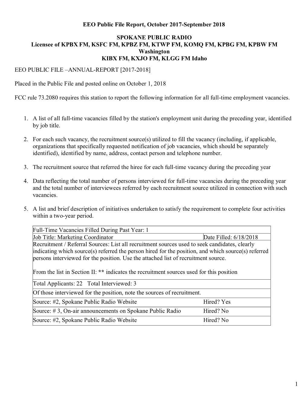 EEO Public File Report, October 2017-September 2018 SPOKANE PUBLIC RADIO Licensee of KPBX- FM, KSFC FM, KPBZ FM, KTWP FM, KOMQ F