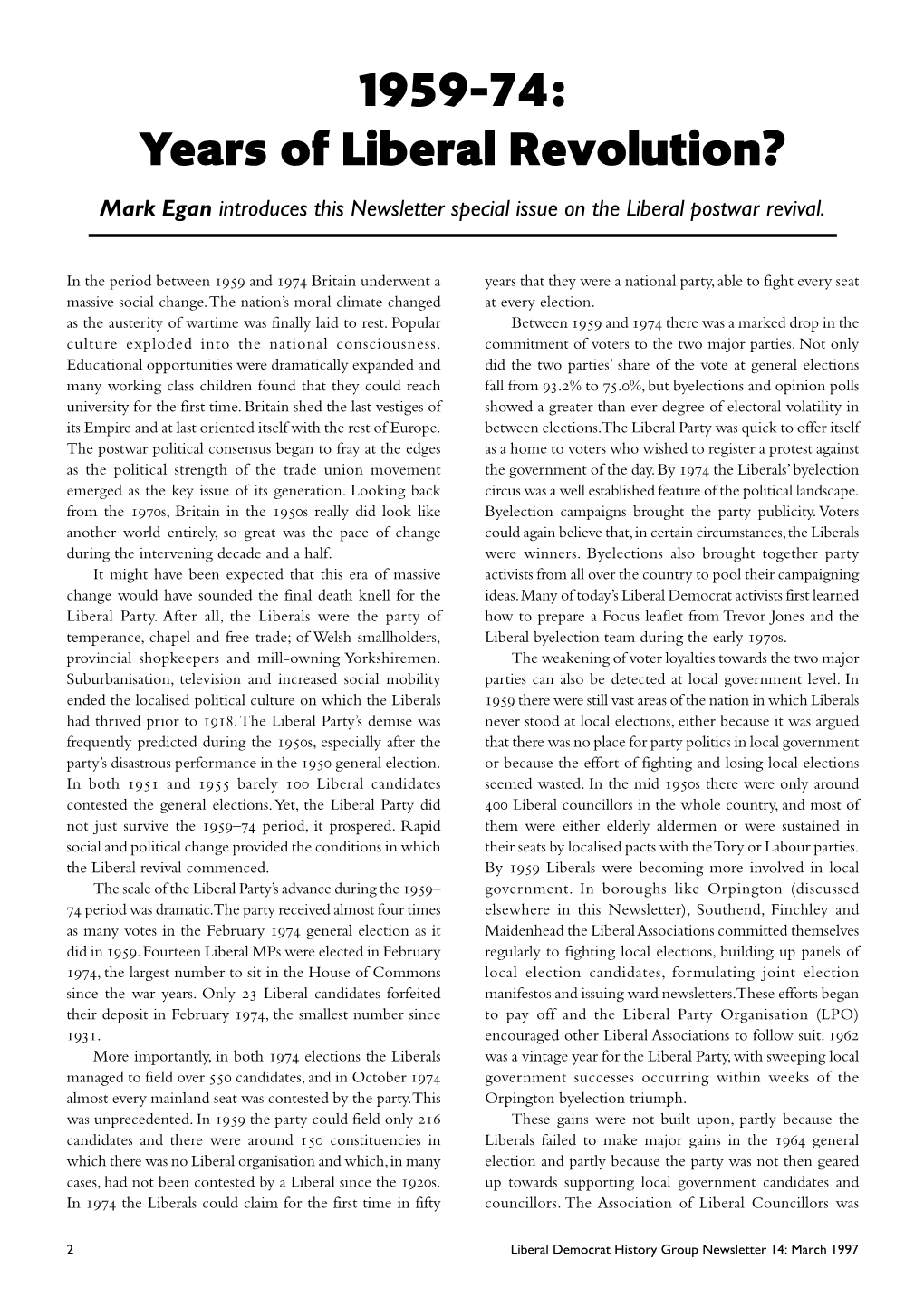 1959–74: Years of Liberal Revolution? Mark Egan Introduces This Newsletter Special Issue on the Liberal Postwar Revival