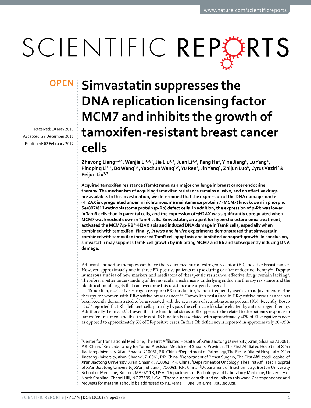 Simvastatin Suppresses the DNA Replication Licensing Factor MCM7