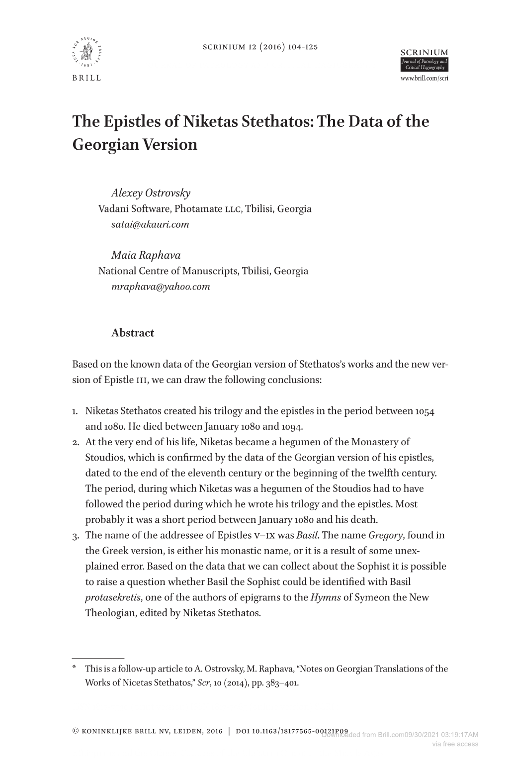 The Epistles of Niketas Stethatos: the Data of the Georgian Version