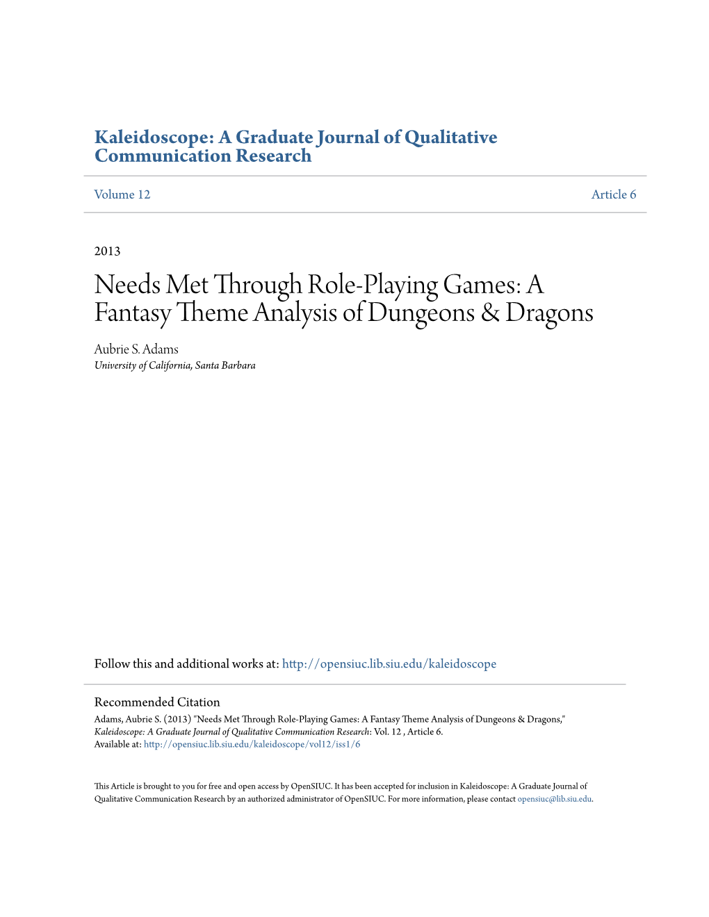 A Fantasy Theme Analysis of Dungeons & Dragons