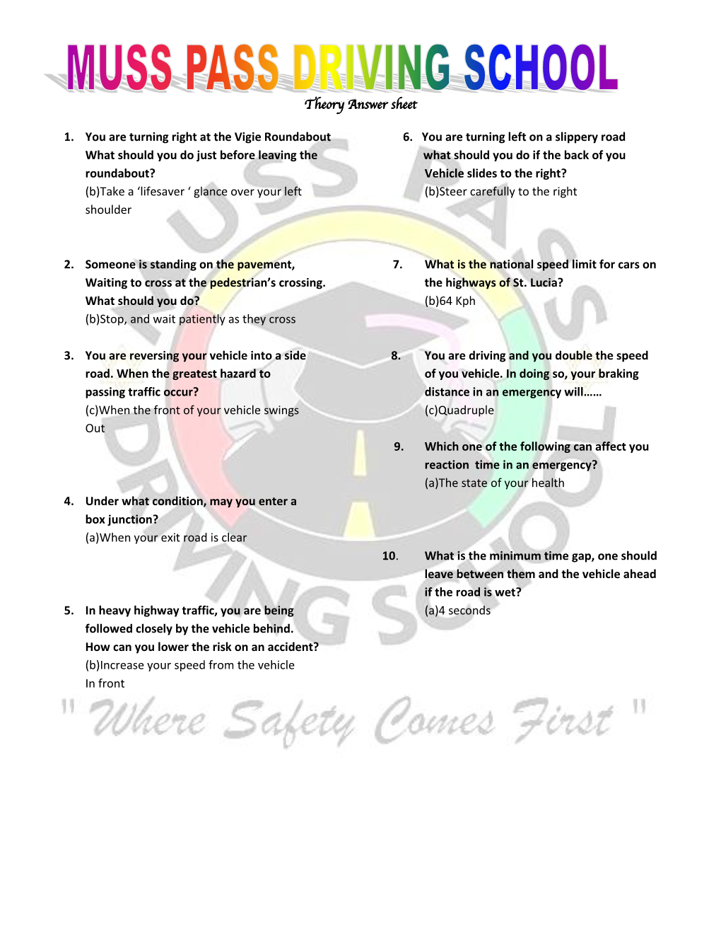 Theory Answer Sheet 1. You Are Turning Right at the Vigie