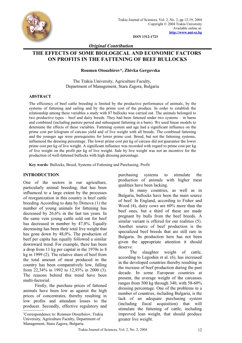 Trakia Journal of Sciences, Vol. 2, No. 2, Pp 12-19, 2004