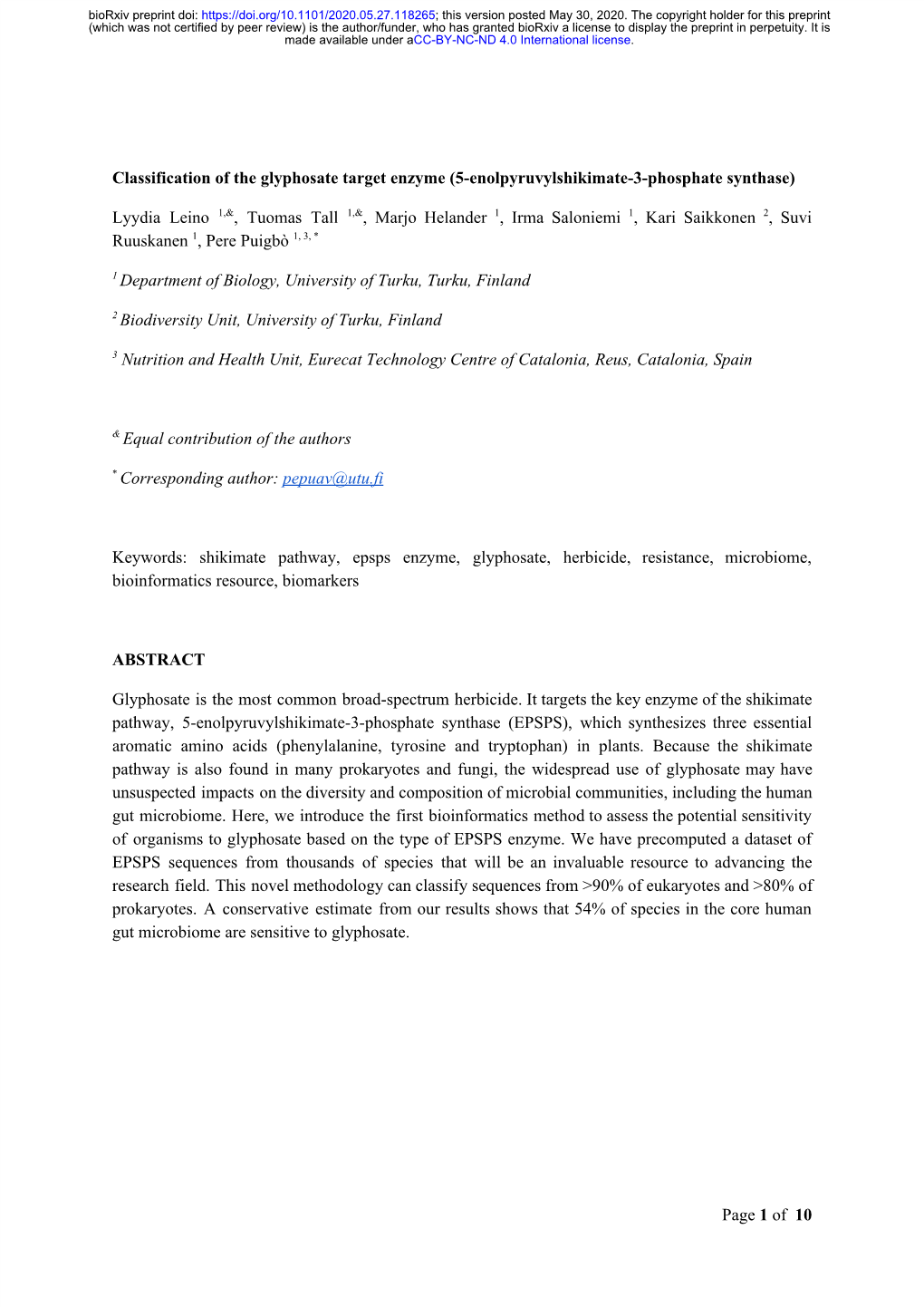 Classification of the Glyphosate Target Enzyme (5-Enolpyruvylshikimate-3-Phosphate Synthase) Lyydia Leino ​ 1,&​, Tuoma