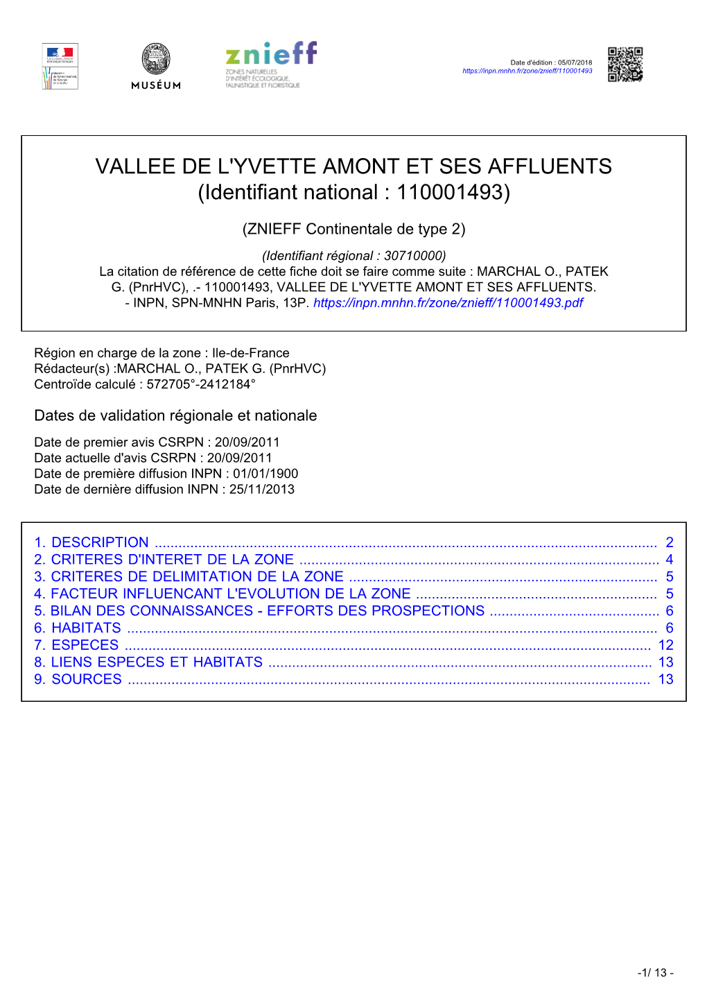 VALLEE DE L'yvette AMONT ET SES AFFLUENTS (Identifiant National : 110001493)