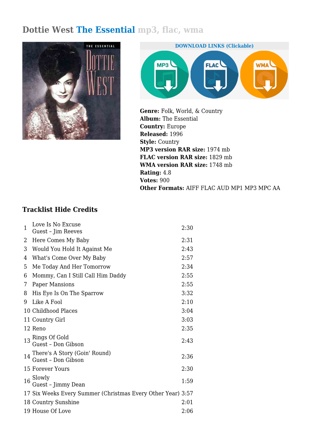 Dottie West the Essential Mp3, Flac, Wma