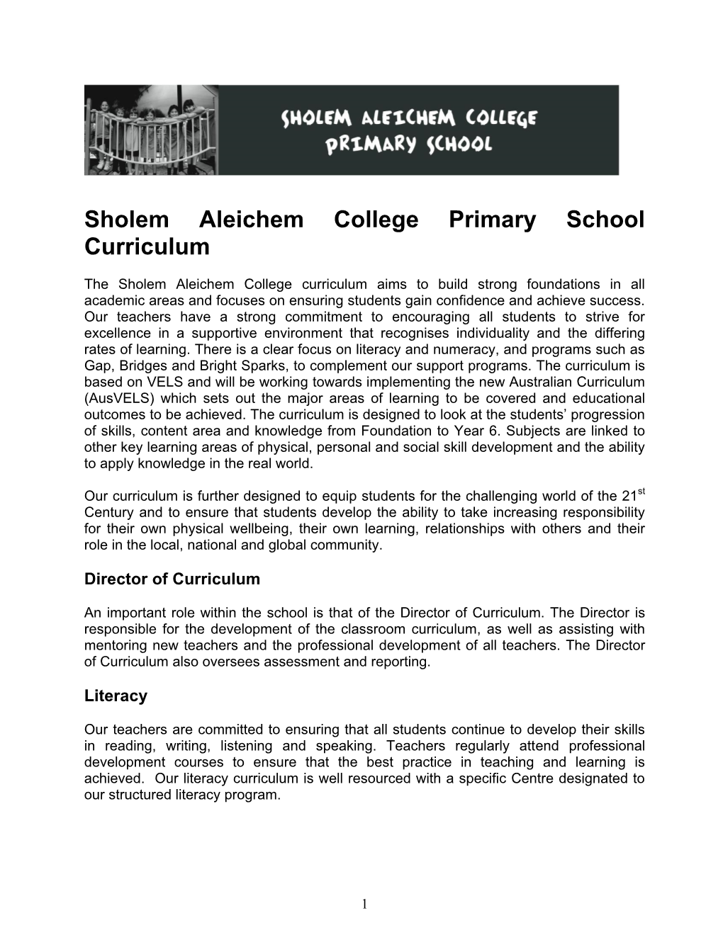 Sholem Aleichem College Primary School Curriculum