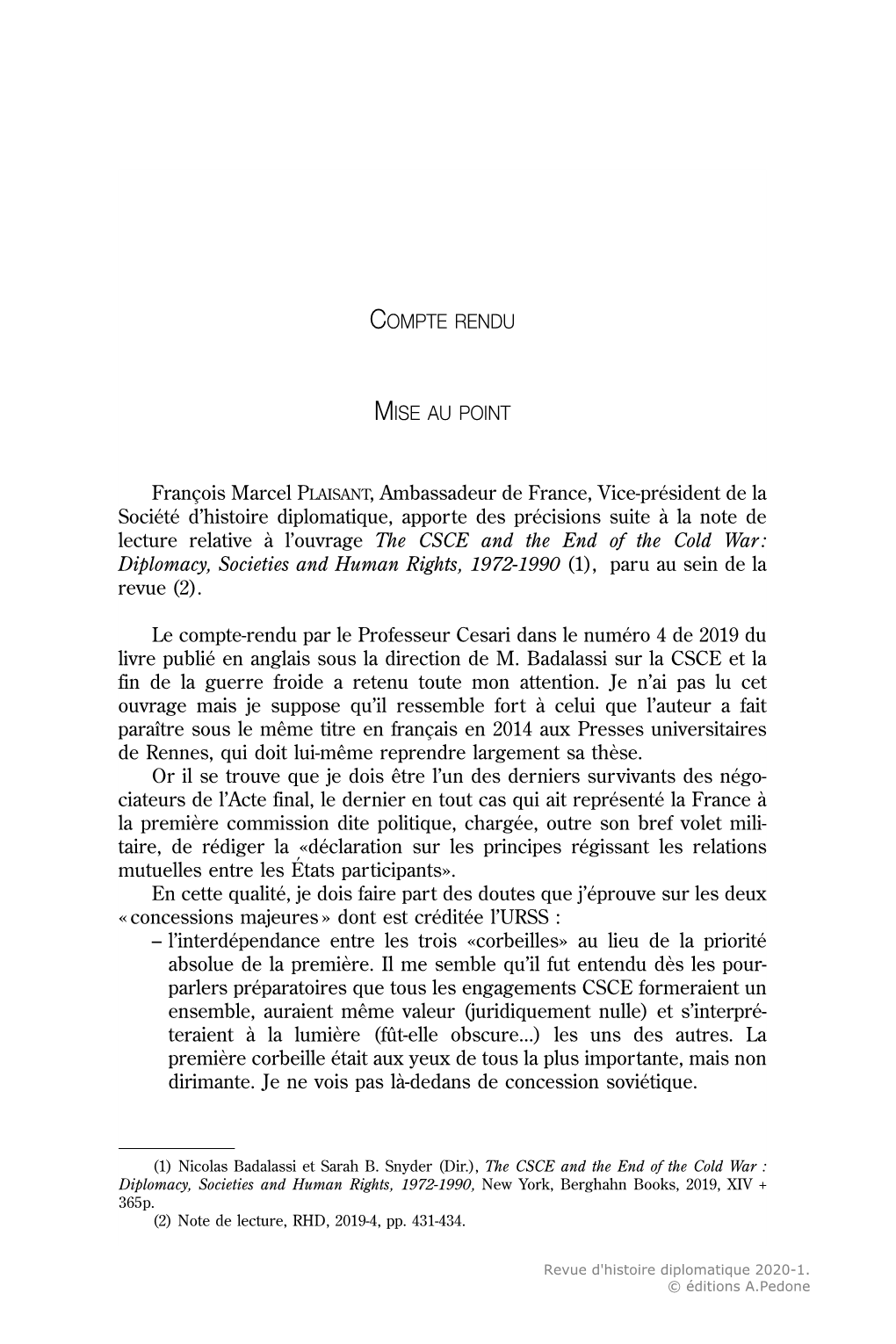 Compte Rendu Mise Au Point François Marcel PLAISANT, Ambassadeur