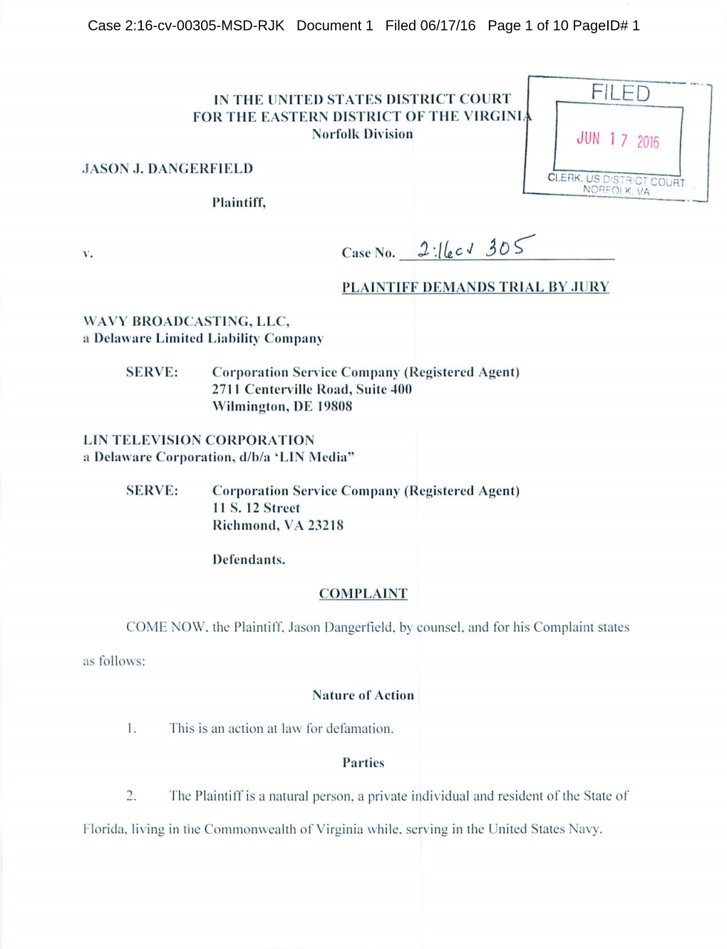 CLERK. US D'str'ct COURT Case 2:16-Cv-00305-MSD-RJK Document 1 Filed 06/17/16 Page 1 of 10 Pageid# 1