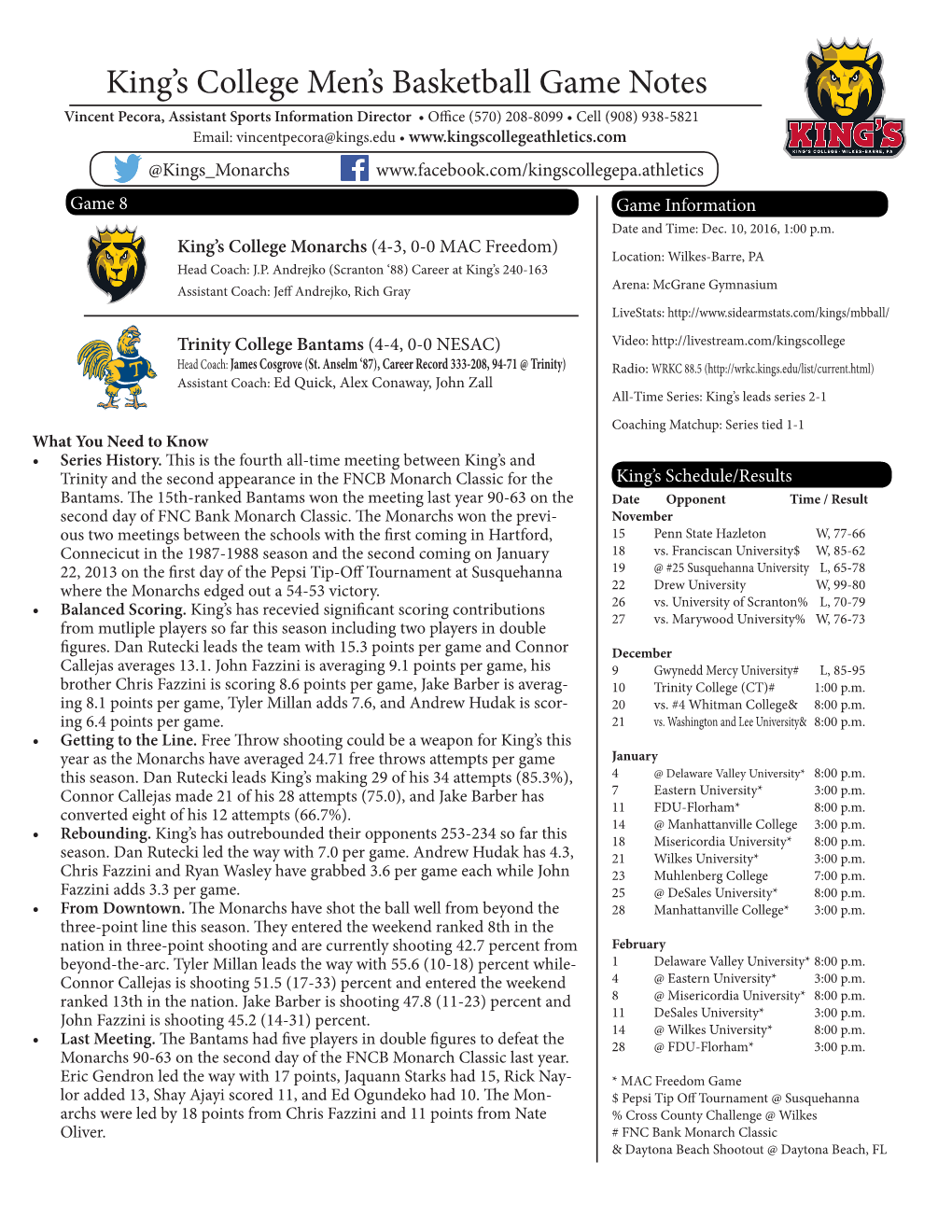King's College Men's Basketball Game Notes