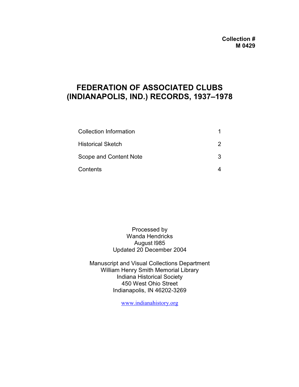Federation of Associated Clubs (Indianapolis, Ind.) Records, 1937–1978