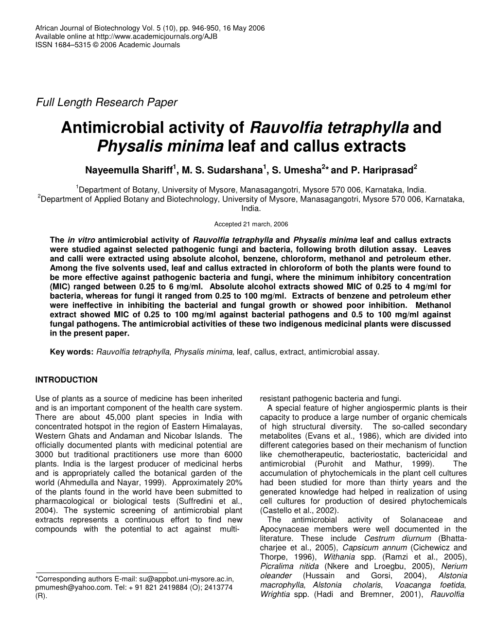 Antimicrobial Activity of Rauvolfia Tetraphylla and Physalis Minima Leaf and Callus Extracts