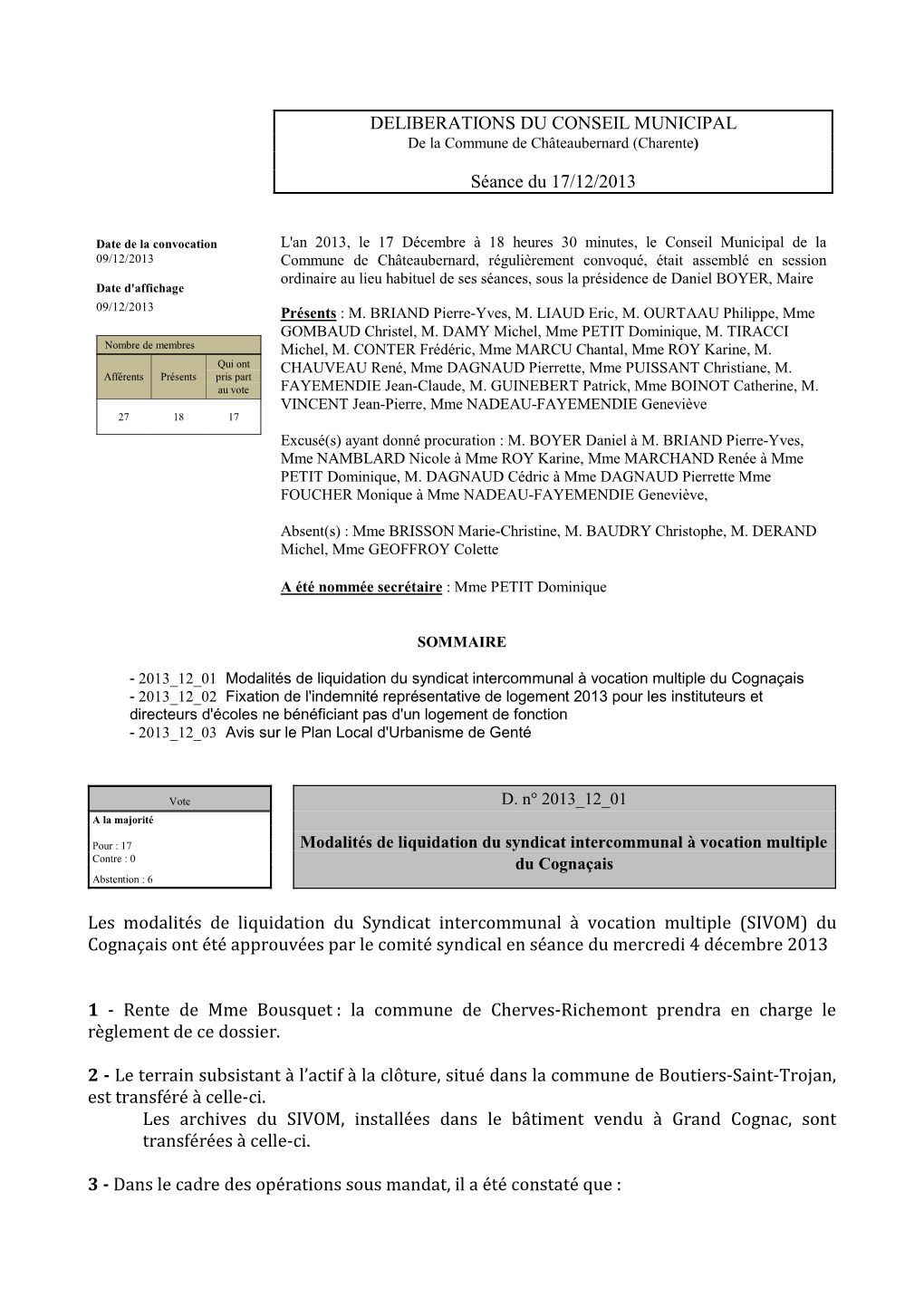 DELIBERATIONS DU CONSEIL MUNICIPAL Séance Du 17/12/2013