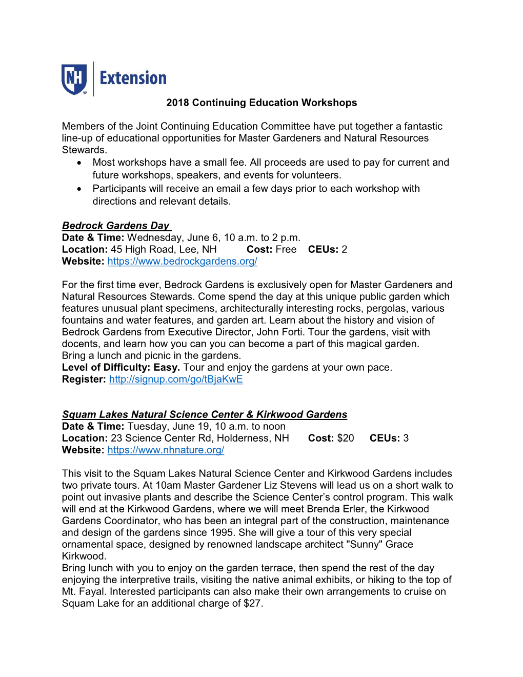 2018 Continuing Education Workshops Members of the Joint