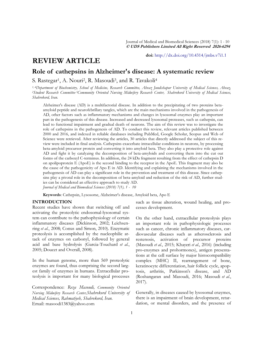 REVIEW ARTICLE Role of Cathepsins in Alzheimer's Disease: a Systematic Review S