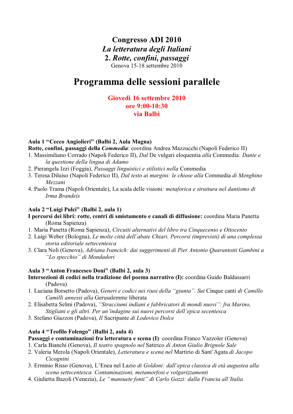 Programma Delle Sessioni Parallele