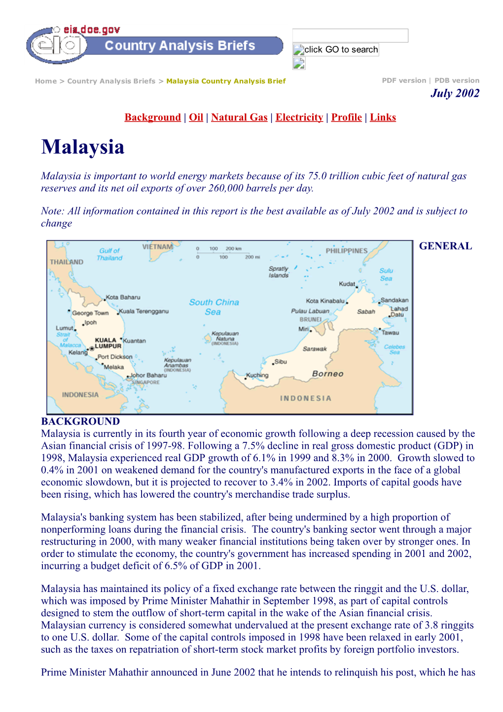 Malaysia Country Analysis Brief PDF Version | PDB Version July 2002