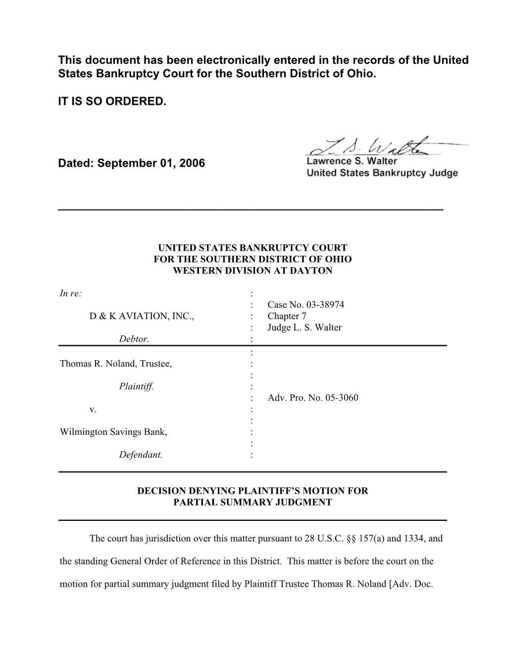 This Document Has Been Electronically Entered in the Records of the United States Bankruptcy Court for the Southern District of Ohio