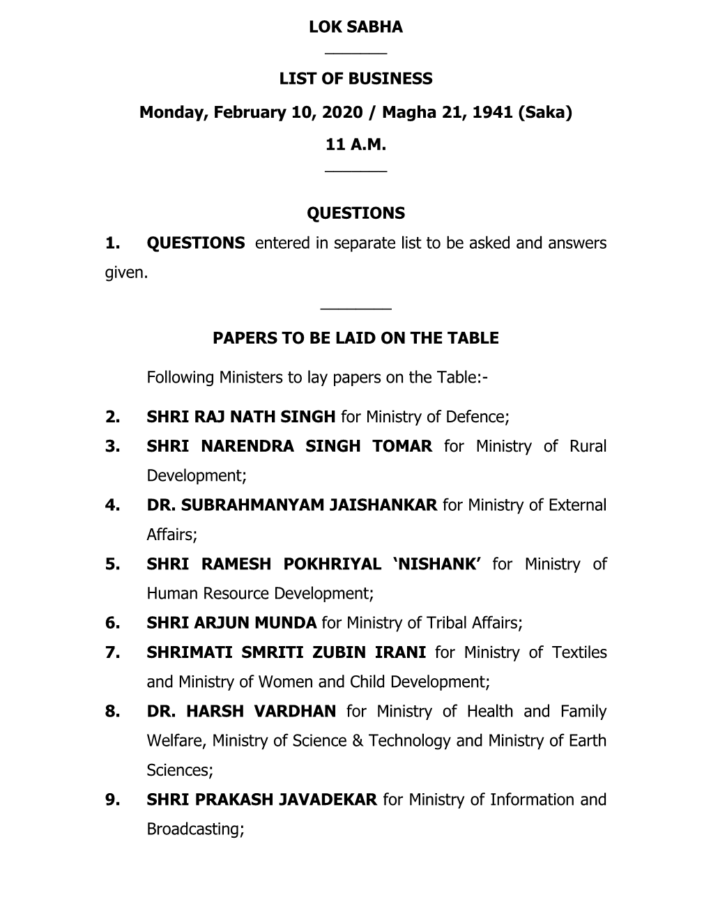 LOK SABHA ___LIST of BUSINESS Monday, February 10