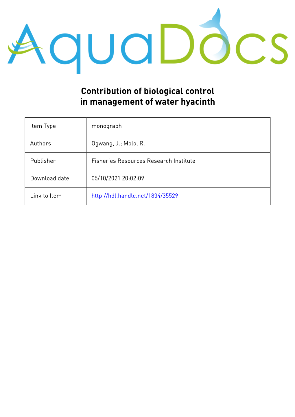 Contribution of Biological Control in Management of Water Hyacinth